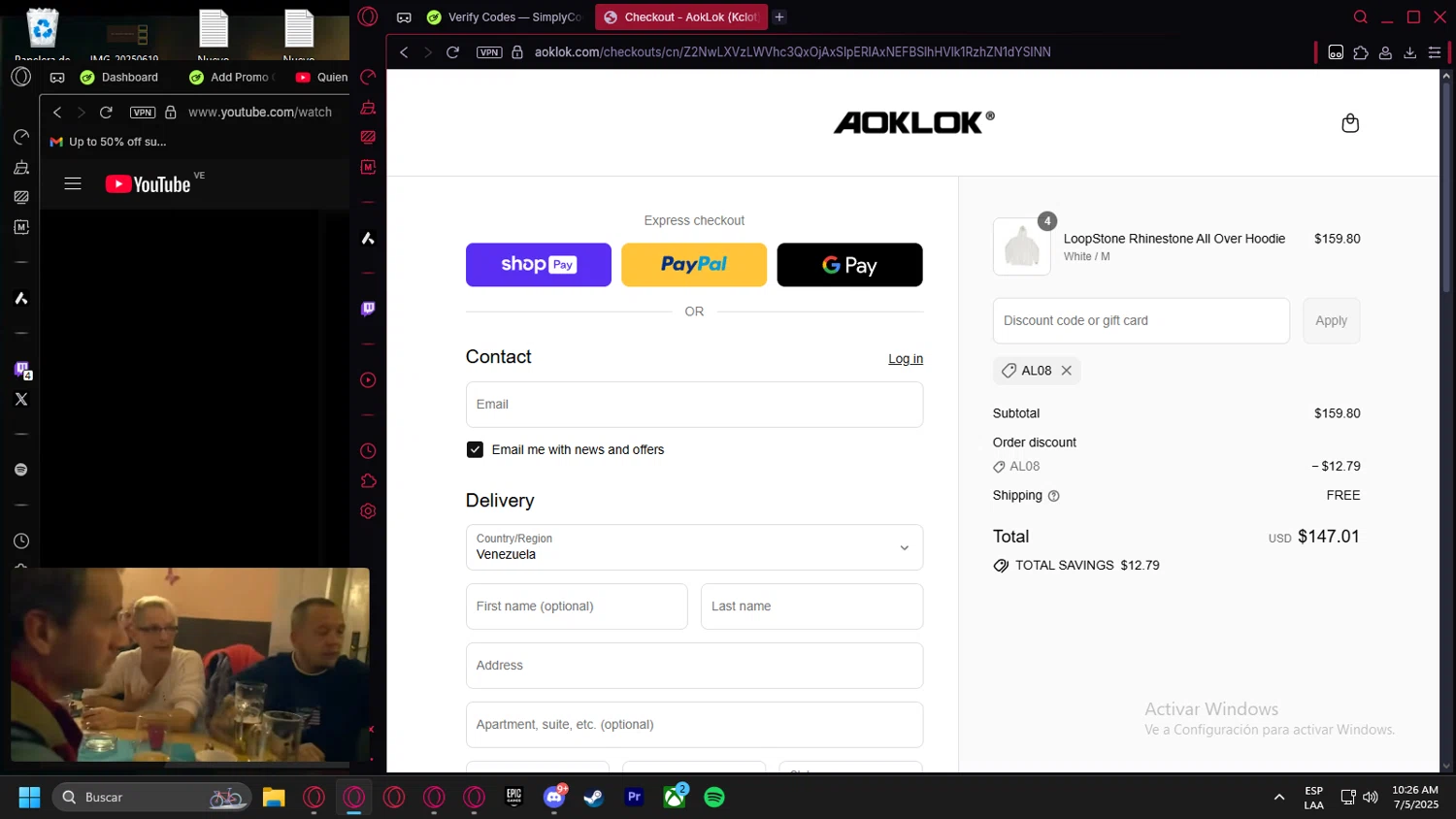 Aoklok discount code screenshot showing code AL08 applied at Aoklok checkout page. Uploaded by SimplyCodes community member leonardocamacho2 on Jul 5, 2025