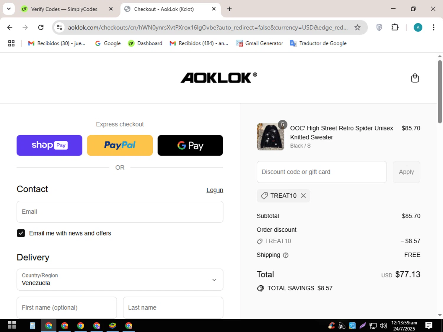 Aoklok discount code screenshot showing code TREAT10 applied at Aoklok checkout page. Uploaded by SimplyCodes community member SavingsScout358 on Jul 24, 2025
