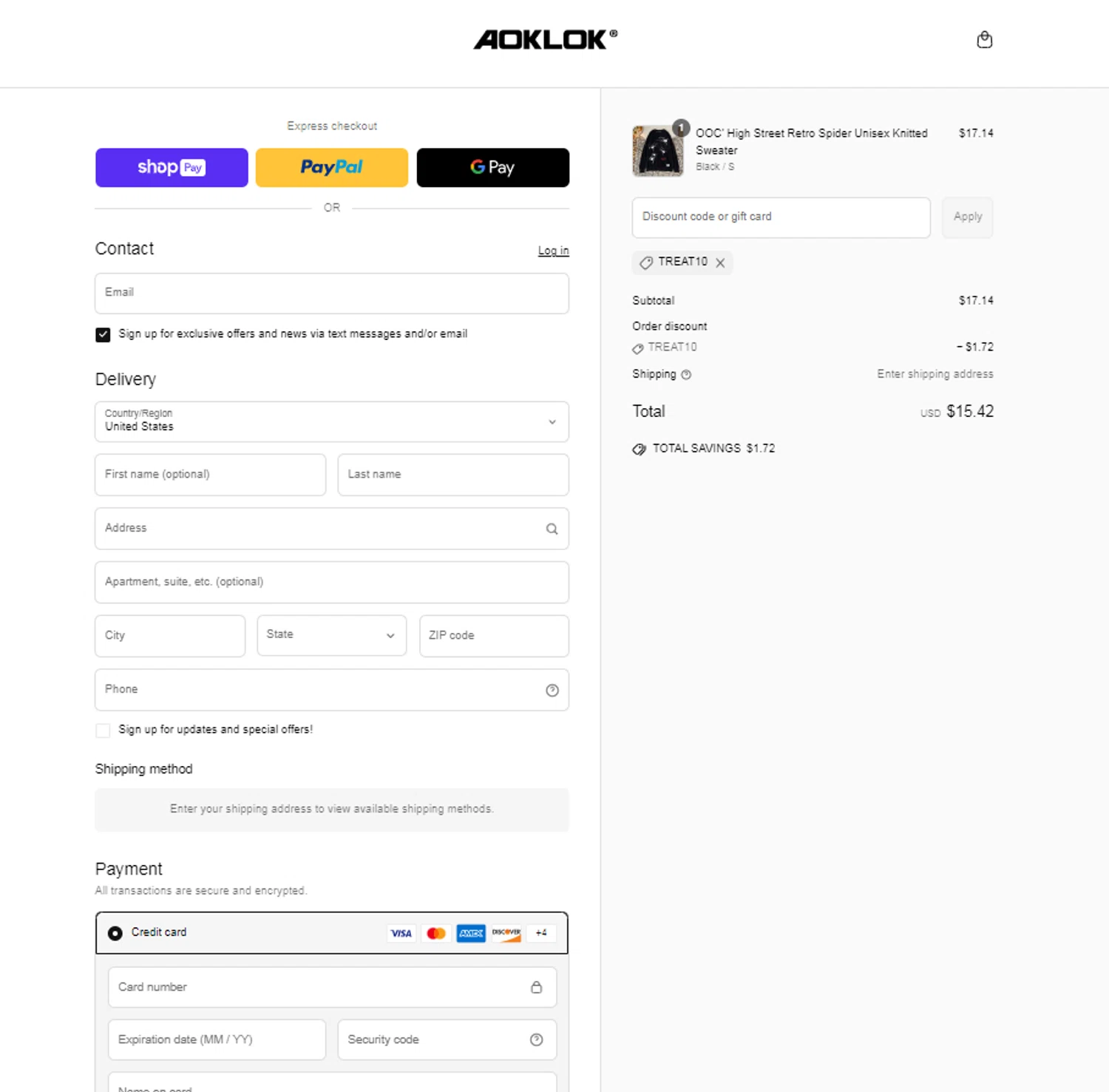 Aoklok discount code screenshot showing code TREAT10 applied at Aoklok checkout page. Uploaded by SimplyCodes community member Yonaikeryriarte08 on Mar 29, 2025
