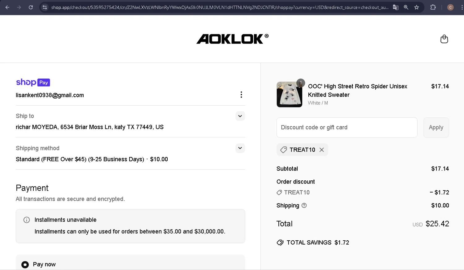 Aoklok discount code screenshot showing code TREAT10 applied at Aoklok checkout page. Uploaded by SimplyCodes community member carlosra07 on Jun 19, 2025
