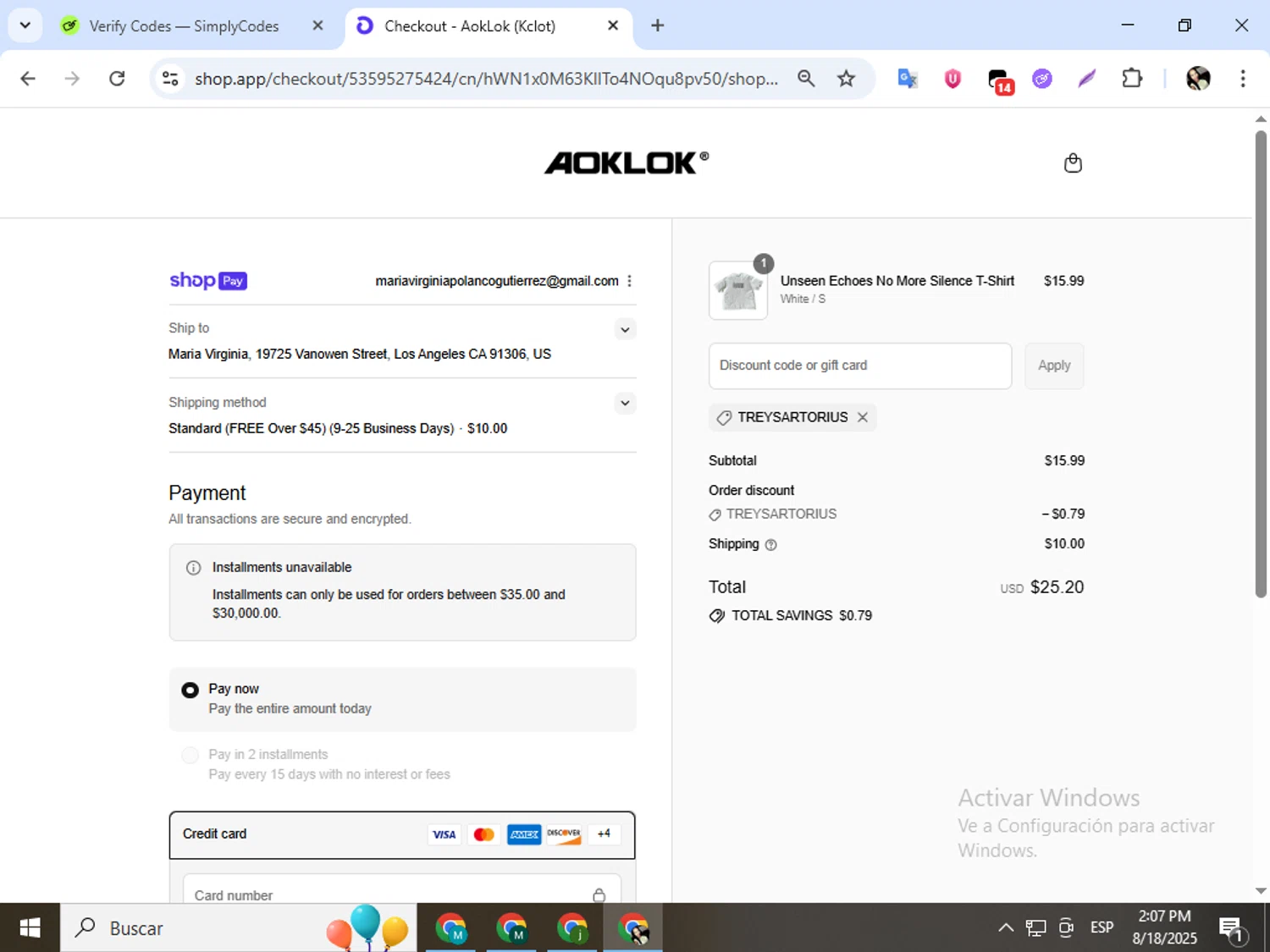 Aoklok discount code screenshot showing code TREYSARTORIUS applied at Aoklok checkout page. Uploaded by SimplyCodes community member mariapolancog on Aug 18, 2025
