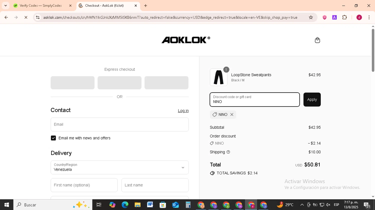 Aoklok discount code screenshot showing code NINO applied at Aoklok checkout page. Uploaded by SimplyCodes community member FrugalMonarch7277 on Aug 13, 2025