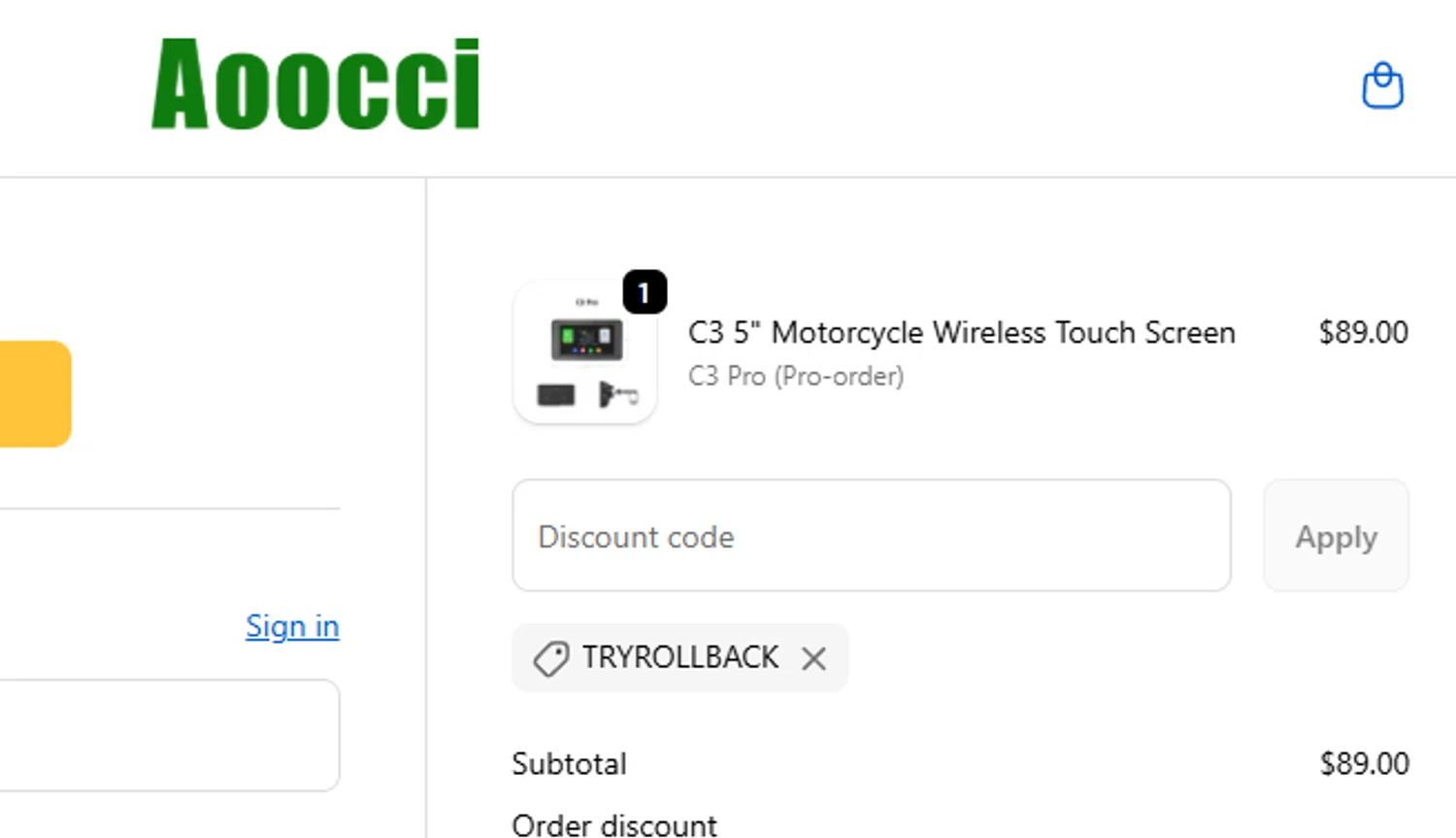 Aoocci discount code screenshot showing code tryrollback applied at Aoocci checkout page. Uploaded by SimplyCodes community member DealExpert4491 on Oct 21, 2025