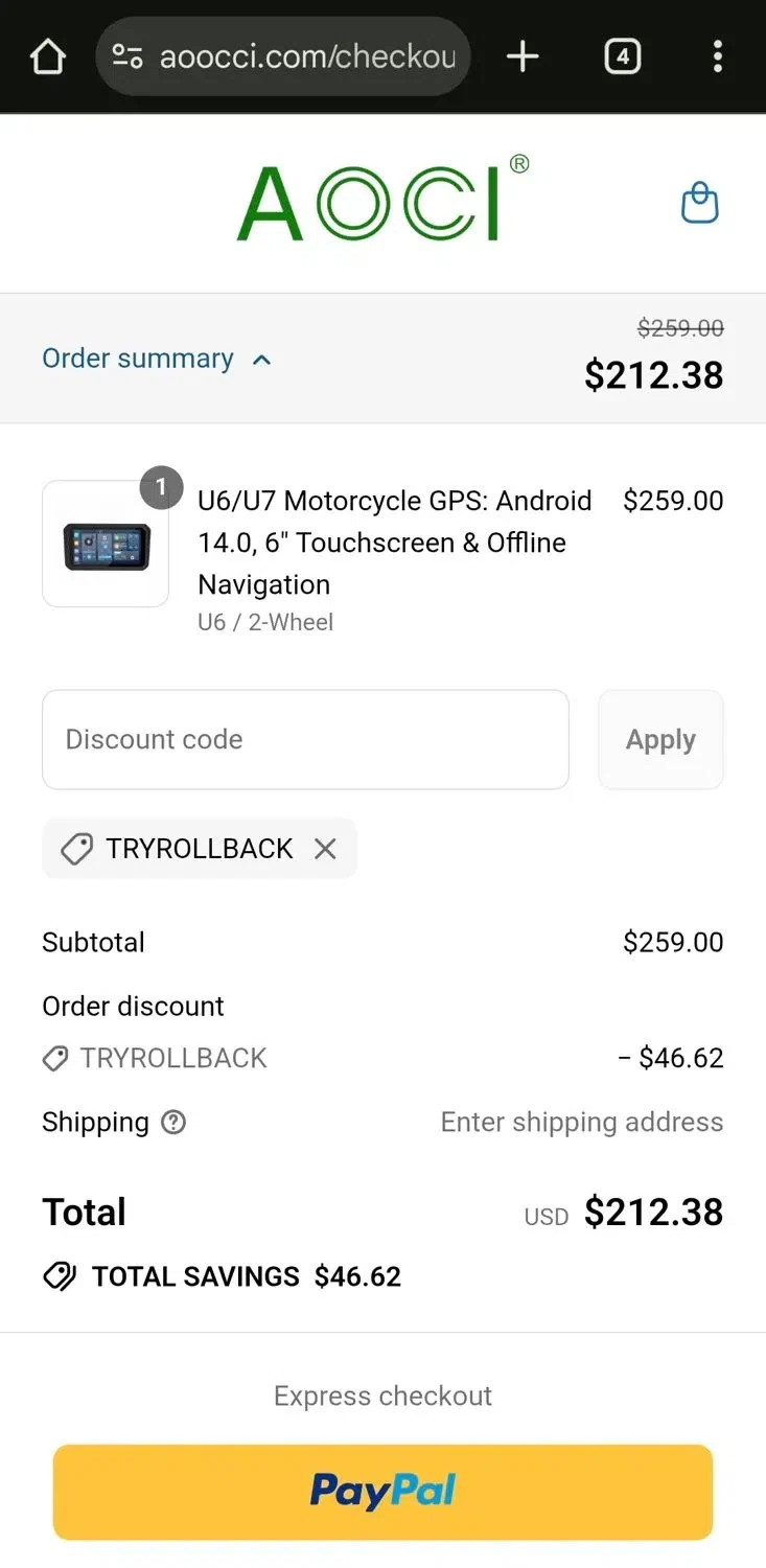 Aoocci discount code screenshot showing code tryrollback applied at Aoocci checkout page. Uploaded by SimplyCodes community member MightyMaestro356 on Aug 7, 2025
