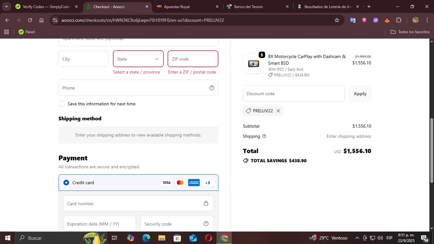 Aoocci discount code screenshot showing code PRELUV22 applied at Aoocci checkout page. Uploaded by SimplyCodes community member Demogorgon on Sep 23, 2025