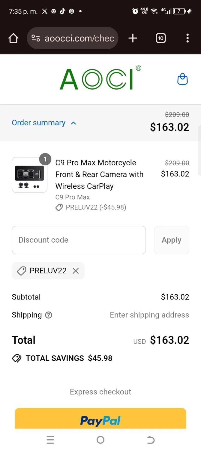 Aoocci discount code screenshot showing code PRELUV22 applied at Aoocci checkout page. Uploaded by SimplyCodes community member kellymoreno on Aug 15, 2025