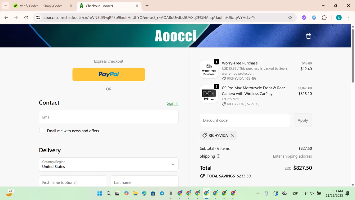 Aoocci discount code screenshot showing code RICHYVIDA applied at Aoocci checkout page. Uploaded by SimplyCodes community member TreasureEagle4642 on Nov 23, 2025