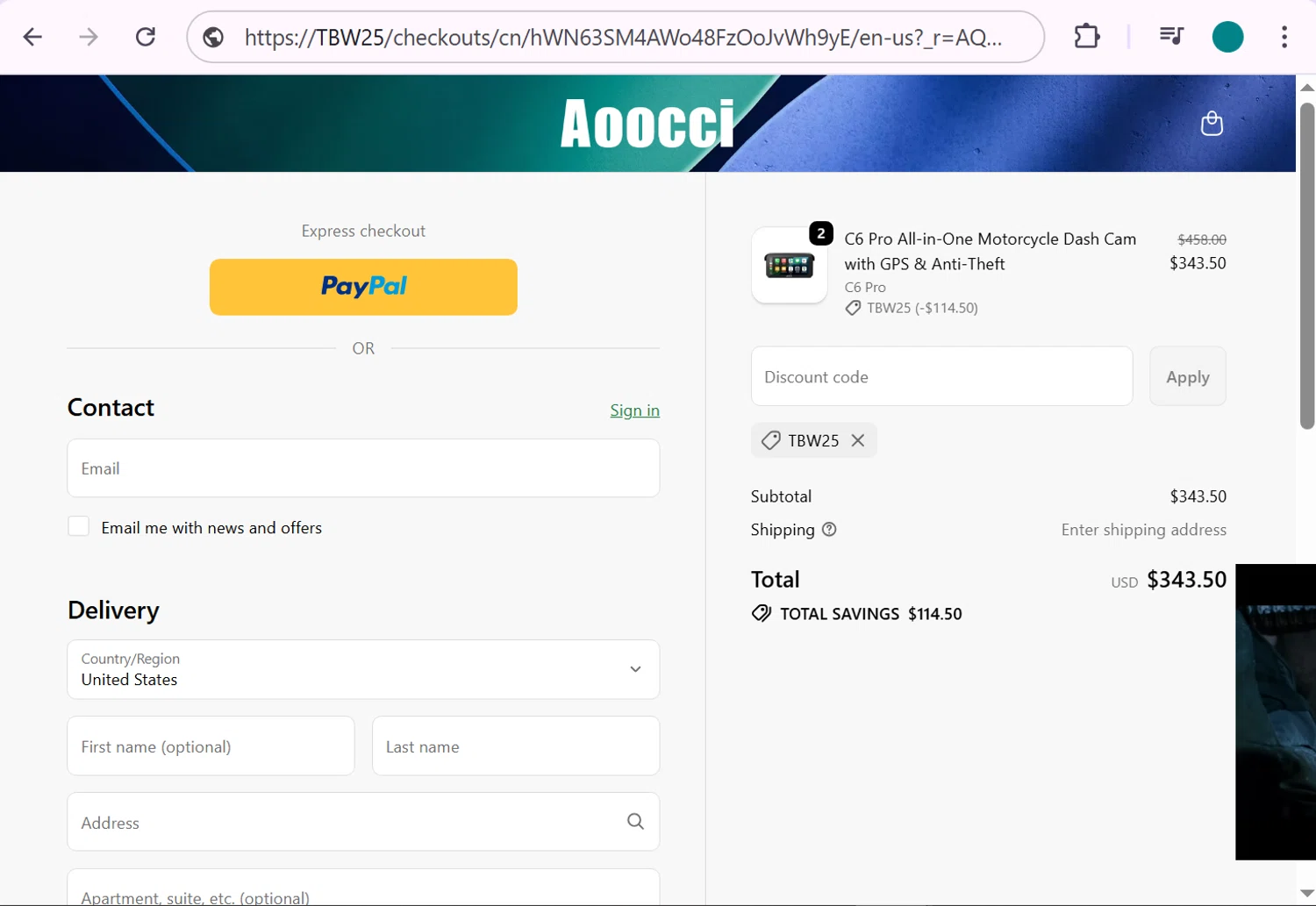Aoocci discount code screenshot showing code TBW25 applied at Aoocci checkout page. Uploaded by SimplyCodes community member anosesmith on Dec 4, 2025