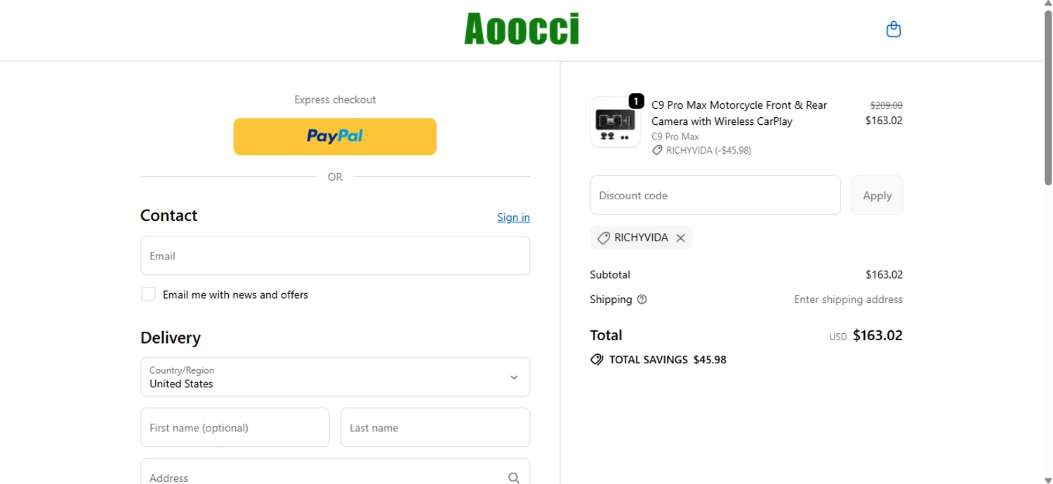 Aoocci discount code screenshot showing code RICHYVIDA applied at Aoocci checkout page. Uploaded by SimplyCodes community member anosesmith on Sep 24, 2025