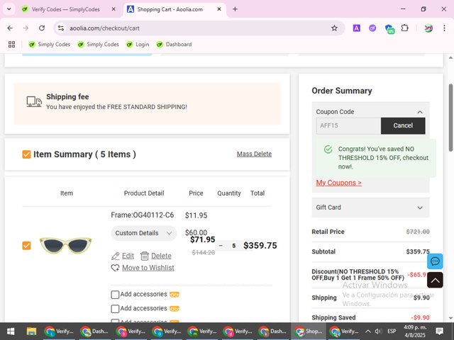 Aoolia checkout page showing Aoolia coupon code box | Screenshot taken by SimplyCodes community member on Aug 4, 2025