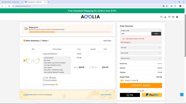 Aoolia checkout page showing Aoolia coupon code box | Screenshot taken by SimplyCodes community member on Sep 7, 2025