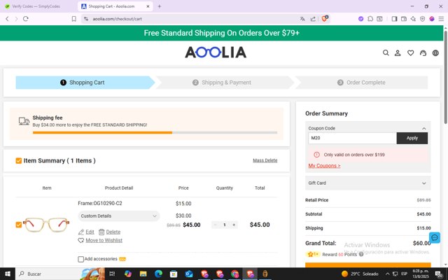 Aoolia checkout page showing Aoolia coupon code box | Screenshot taken by SimplyCodes community member on Aug 13, 2025