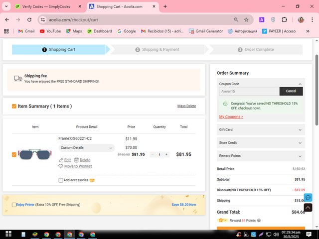 Aoolia checkout page showing Aoolia coupon code box | Screenshot taken by SimplyCodes community member on Aug 30, 2025