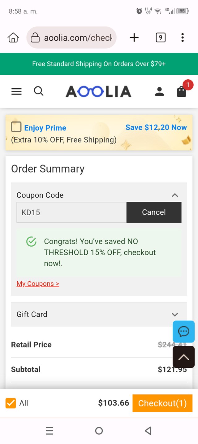 Aoolia checkout page showing Aoolia coupon code box | Screenshot taken by SimplyCodes community member on Aug 16, 2025