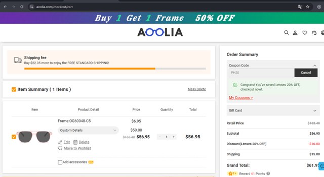Aoolia checkout page showing Aoolia coupon code box | Screenshot taken by SimplyCodes community member on Sep 4, 2025