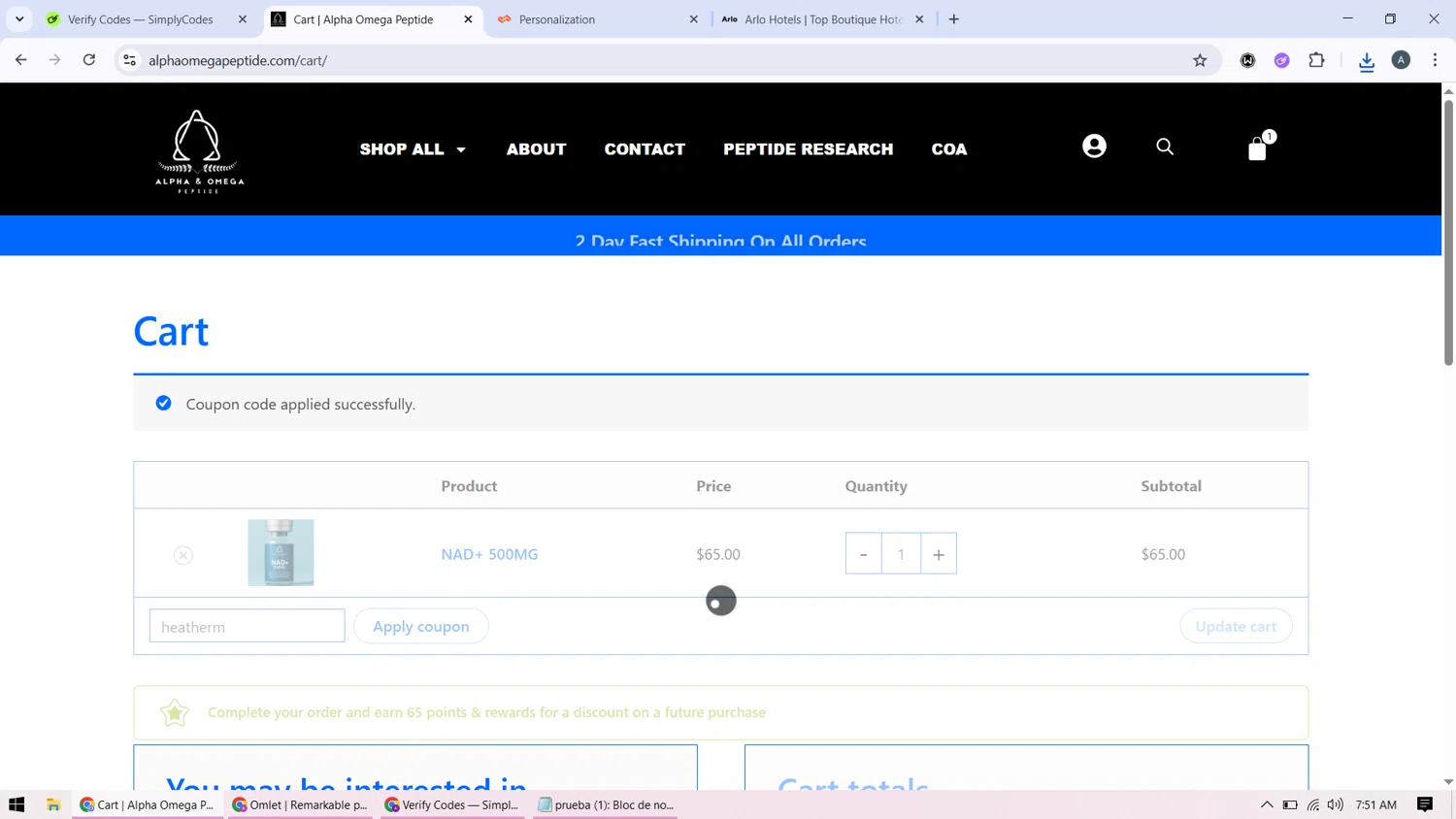 Alpha & Omega Peptide promo code screenshot showing code heatherm applied at Alpha & Omega Peptide checkout page. Uploaded by SimplyCodes community member BonusMonarch7015 on Nov 30, 2025