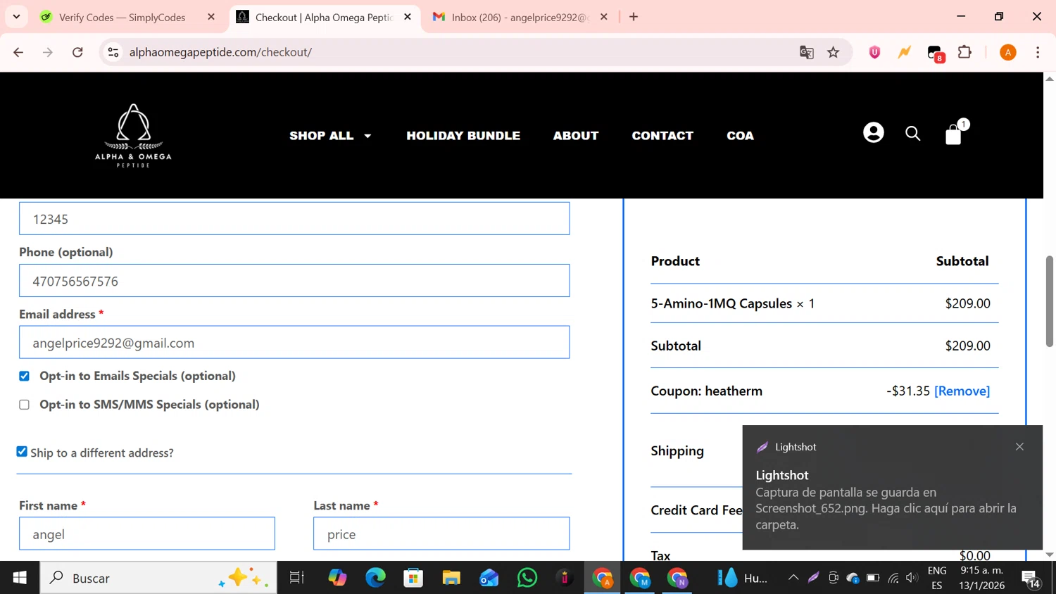 Alpha & Omega Peptide checkout page showing Alpha & Omega Peptide promo code box | Screenshot taken by SimplyCodes community member on Jan 13, 2026