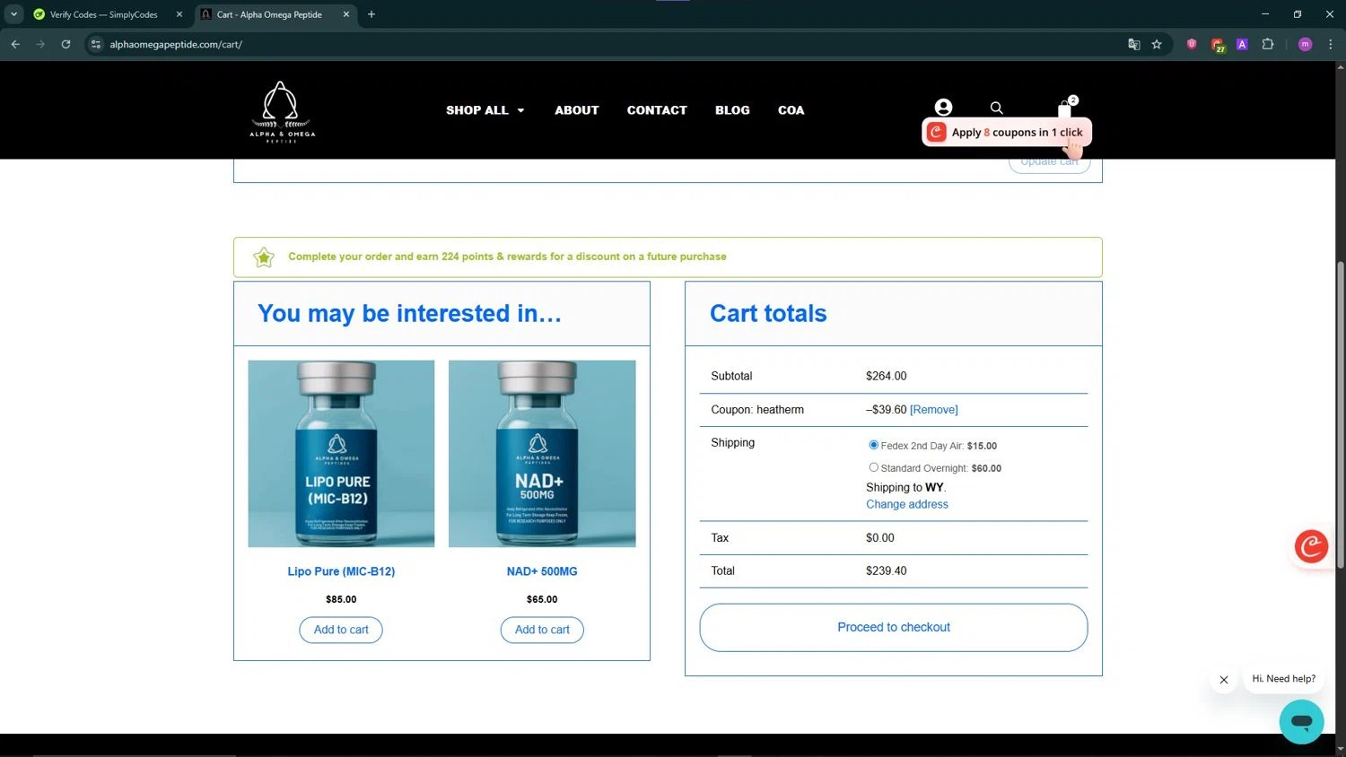 Alpha & Omega Peptide promo code screenshot showing code heatherm applied at Alpha & Omega Peptide checkout page. Uploaded by SimplyCodes community member TokenChaser4876 on Oct 27, 2025