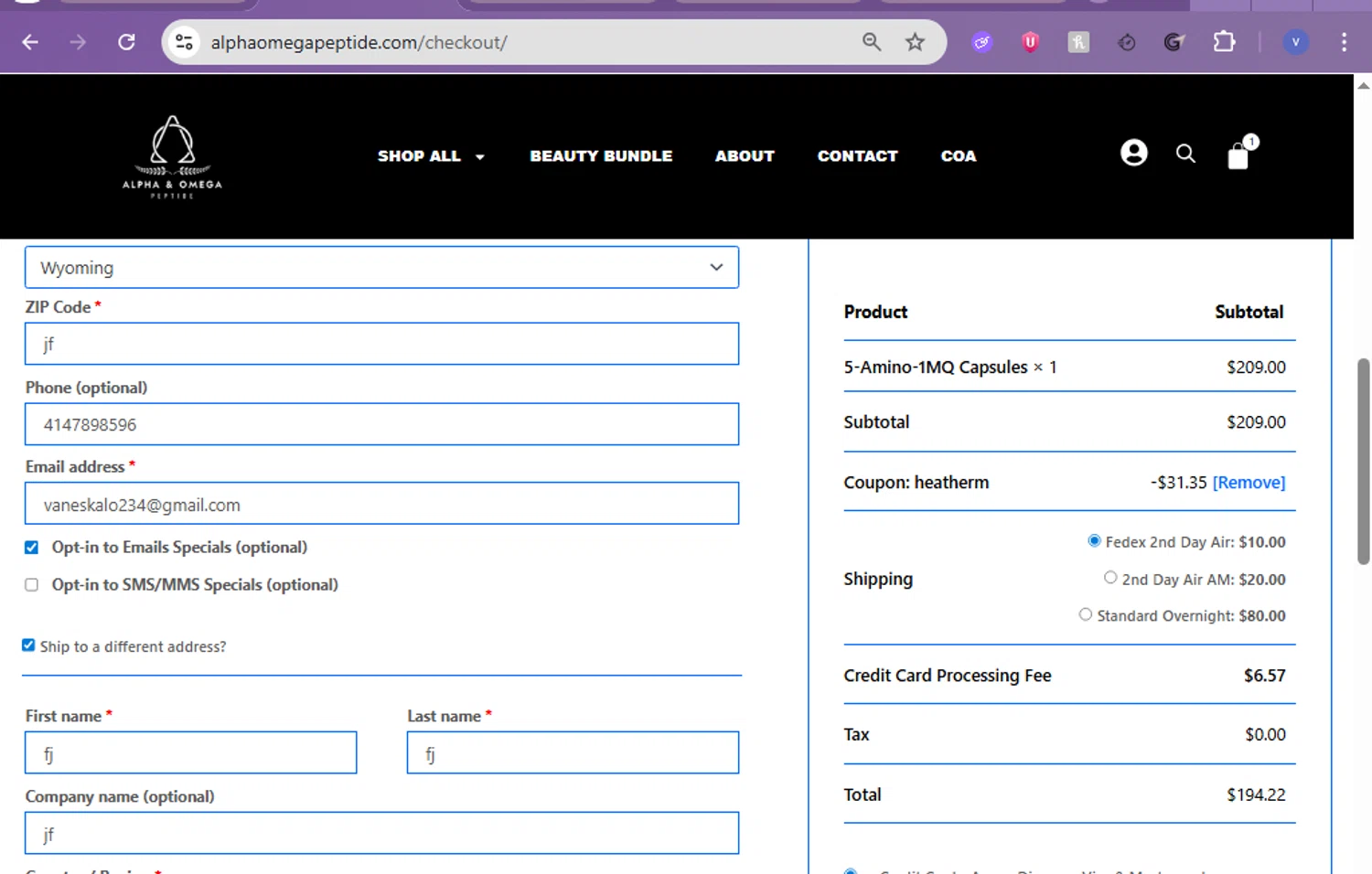 Alpha & Omega Peptide promo code screenshot showing code heatherm applied at Alpha & Omega Peptide checkout page. Uploaded by SimplyCodes community member beatrizcastillo on Jan 25, 2026