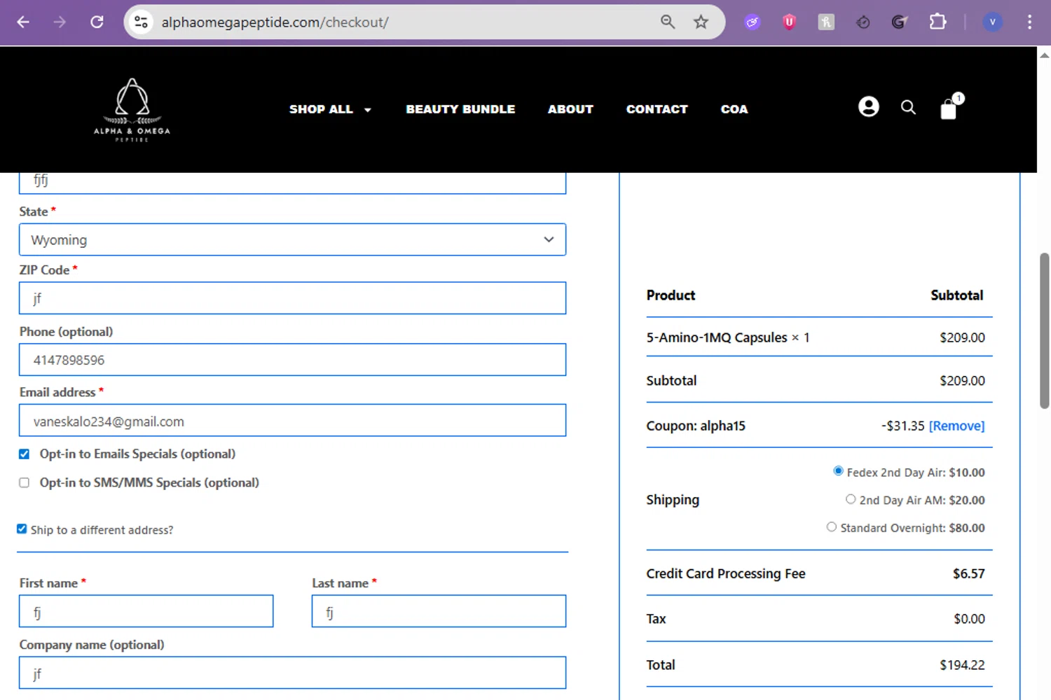 Alpha & Omega Peptide promo code screenshot showing code alpha15 applied at Alpha & Omega Peptide checkout page. Uploaded by SimplyCodes community member beatrizcastillo on Jan 25, 2026
