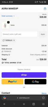 AORA MAKEUP coupon verification screenshot