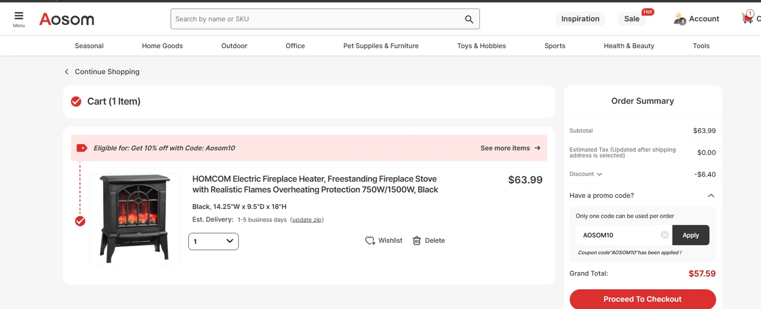 where to use Aosom promo code box