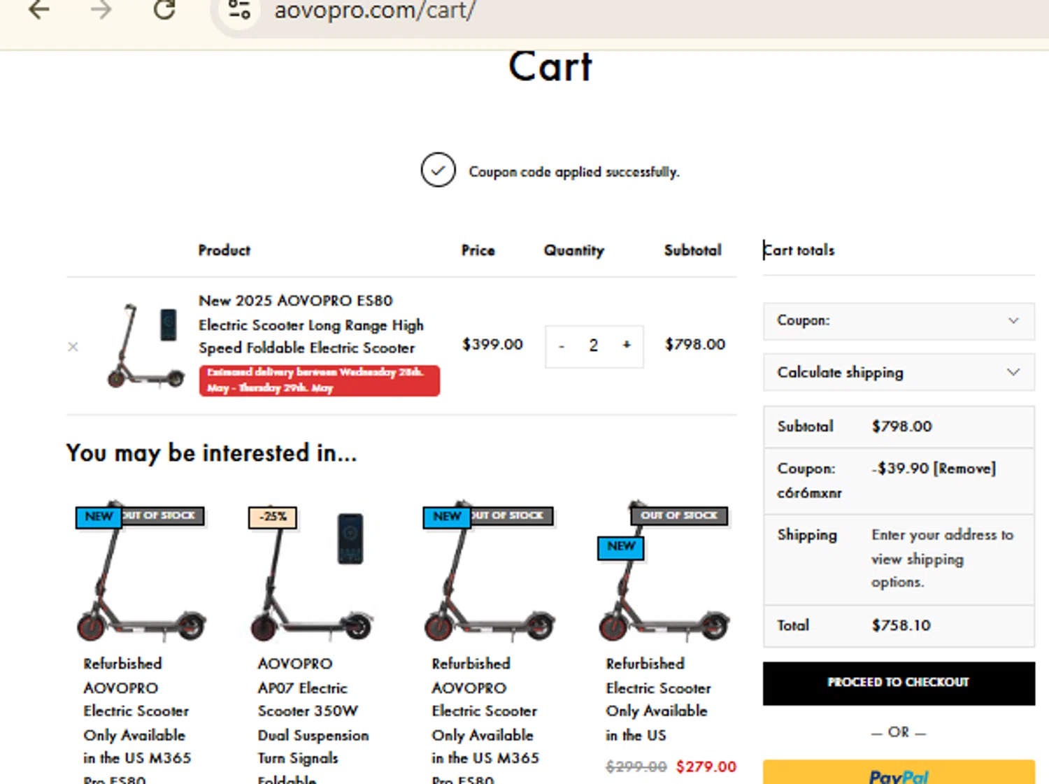 AOVO PRO Electric Scooter promo code screenshot showing code c6r6mxnr applied at AOVO PRO Electric Scooter checkout page. Uploaded by SimplyCodes community member RewardFinder4836 on May 26, 2025