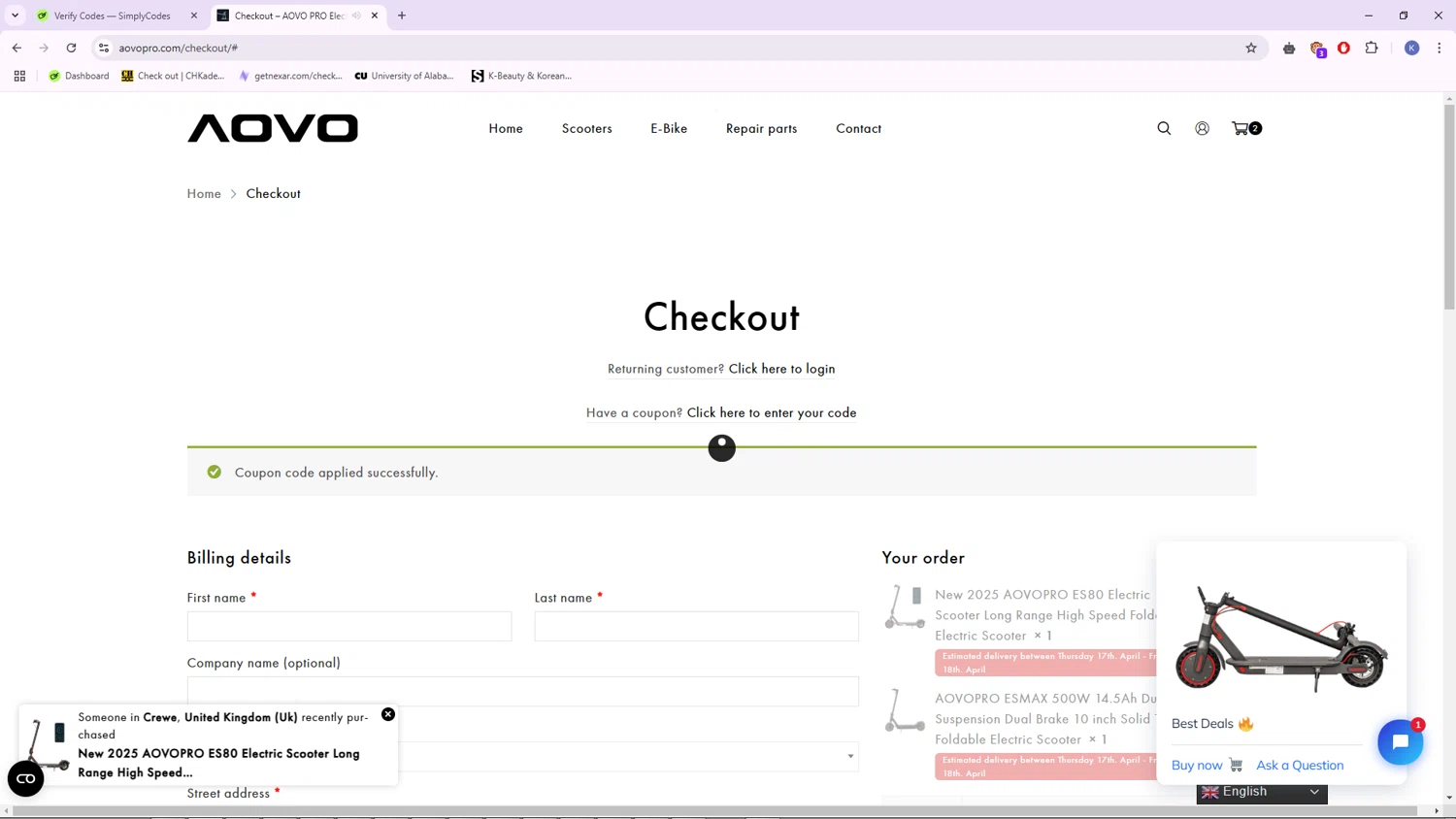AOVO PRO Electric Scooter promo code screenshot showing code BF2023 applied at AOVO PRO Electric Scooter checkout page. Uploaded by SimplyCodes community member CleverFalcon7771 on Apr 15, 2025
