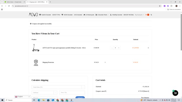 Aovo Store checkout page showing Aovo Store promo code box | Screenshot taken by SimplyCodes community member on Aug 27, 2025