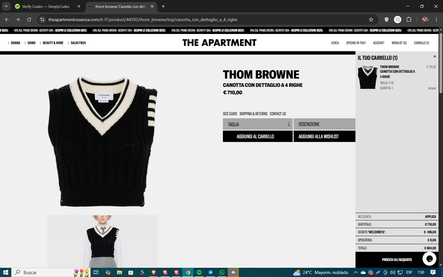 The Apartment Cosenza promo code screenshot showing code WELCOME15 applied at The Apartment Cosenza checkout page. Uploaded by SimplyCodes community member 61451681 on Apr 1, 2025