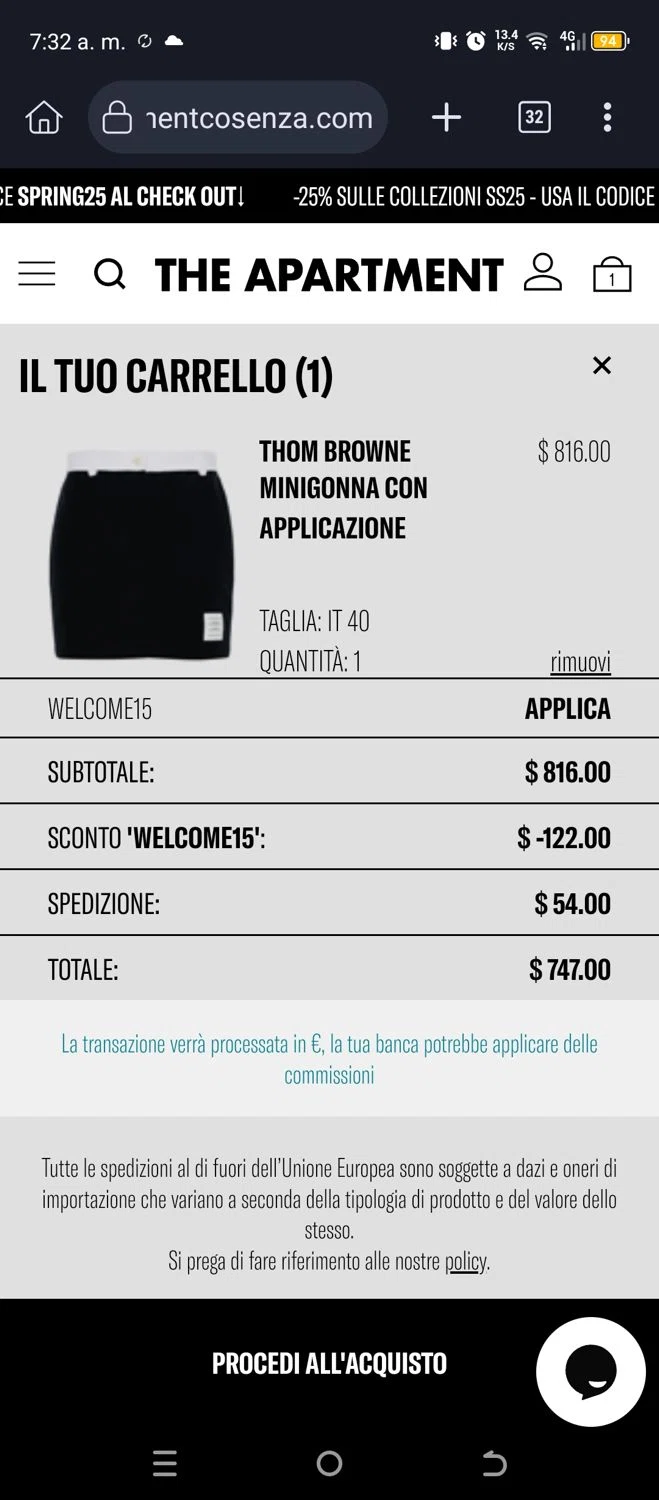 The Apartment Cosenza promo code screenshot showing code WELCOME15 applied at The Apartment Cosenza checkout page. Uploaded by SimplyCodes community member LAPUTABESTIA on Apr 1, 2025