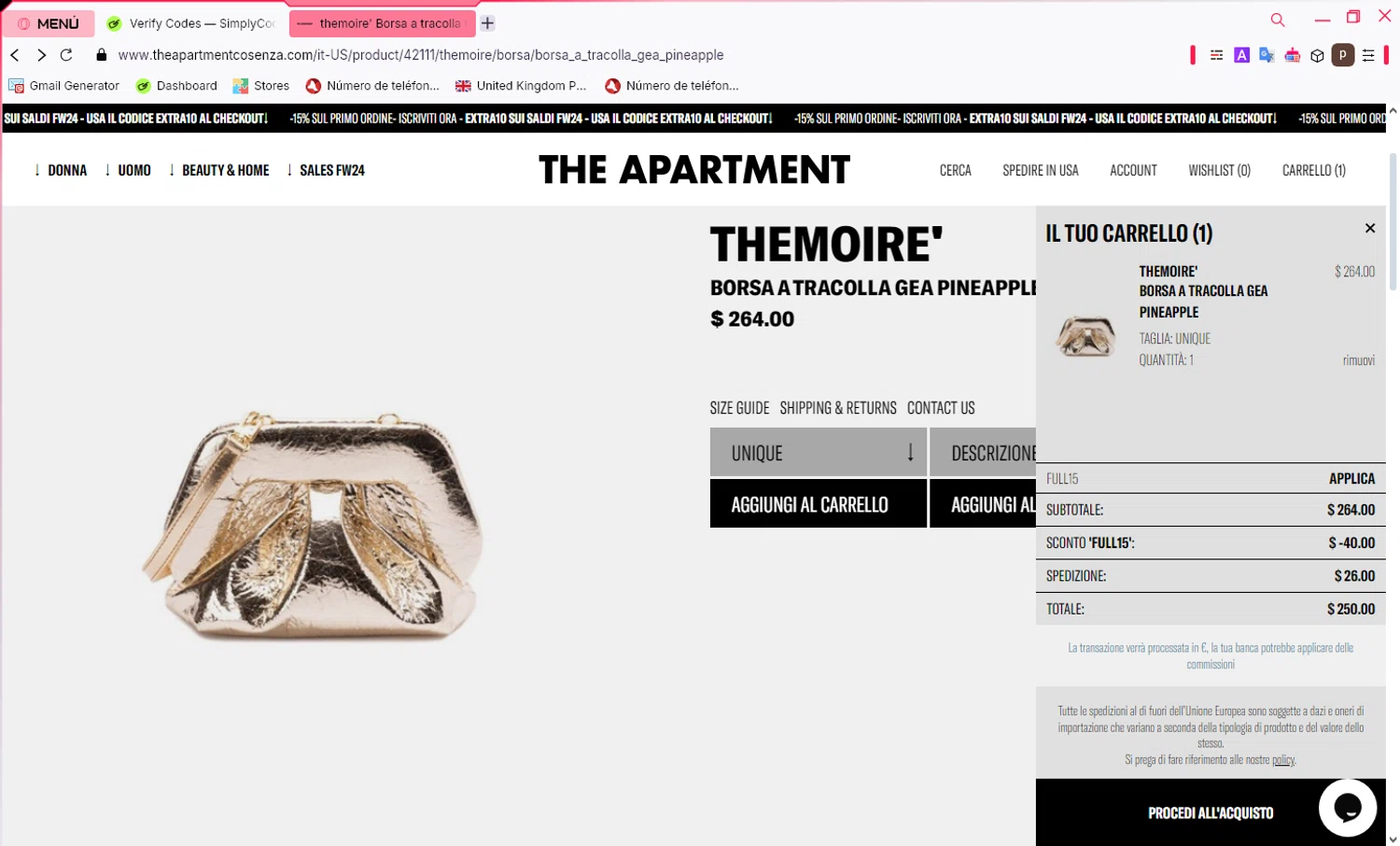 The Apartment Cosenza promo code screenshot showing code FULL15 applied at The Apartment Cosenza checkout page. Uploaded by SimplyCodes community member NobleShopper9818 on Jan 27, 2025