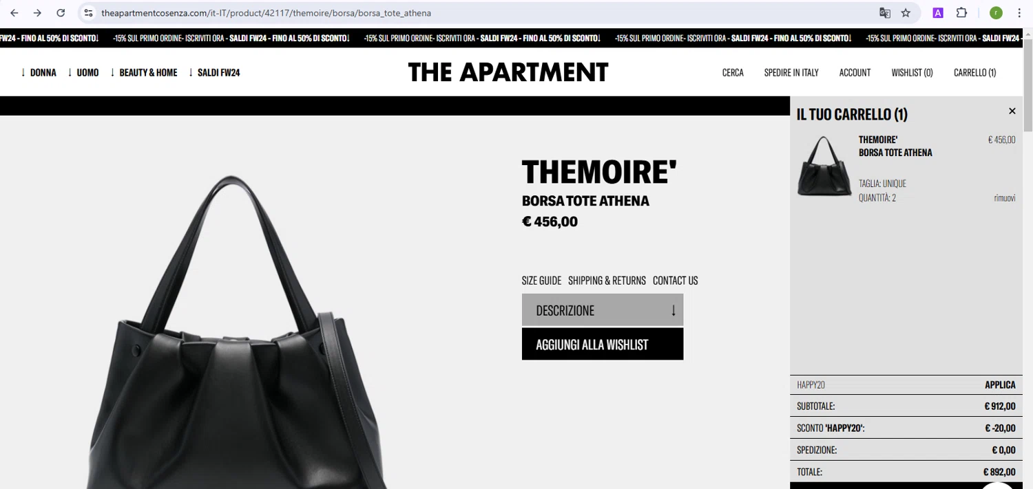 The Apartment Cosenza promo code screenshot showing code HAPPY20 applied at The Apartment Cosenza checkout page. Uploaded by SimplyCodes community member BonusShopper7805 on Jan 17, 2025