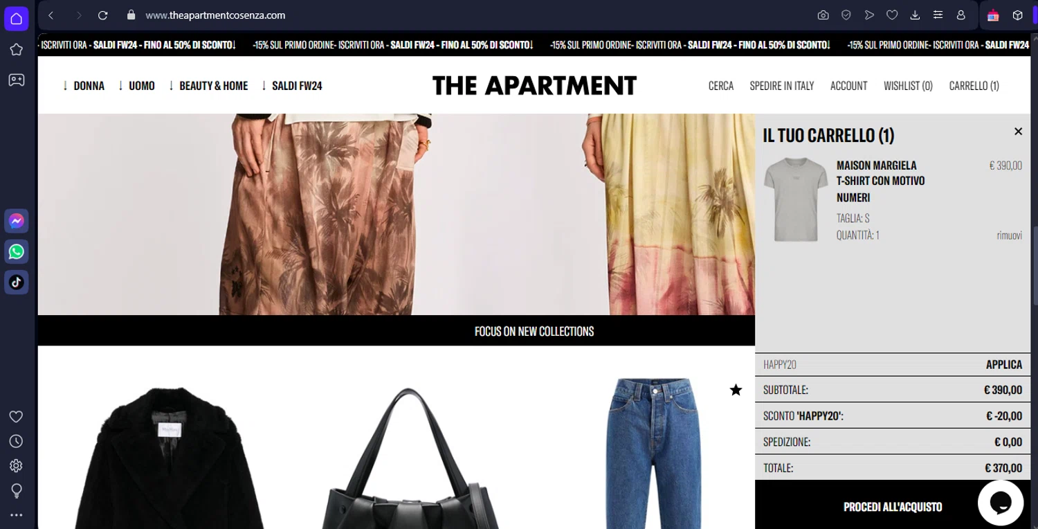 The Apartment Cosenza promo code screenshot showing code HAPPY20 applied at The Apartment Cosenza checkout page. Uploaded by SimplyCodes community member TokenFinder6469 on Jan 27, 2025
