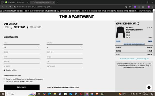 The Apartment Cosenza checkout page showing The Apartment Cosenza promo code box | Screenshot taken by SimplyCodes community member on Feb 23, 2025