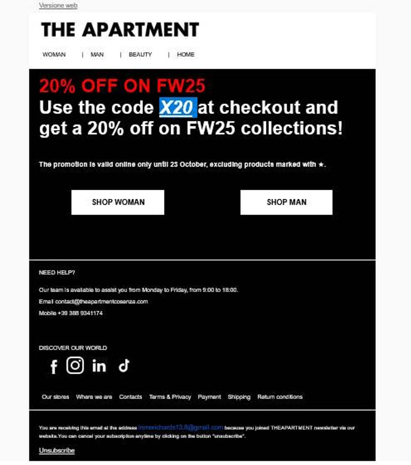 The Apartment Cosenza promo code screenshot showing code X20 applied at The Apartment Cosenza checkout page. Uploaded by SimplyCodes community member stygian1 on Oct 14, 2025