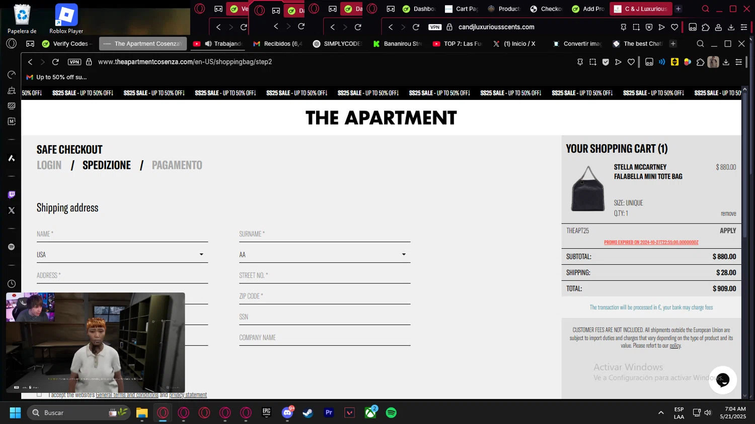 The Apartment Cosenza promo code screenshot showing code THEAPT25 applied at The Apartment Cosenza checkout page. Uploaded by SimplyCodes community member kurcovein on May 21, 2025