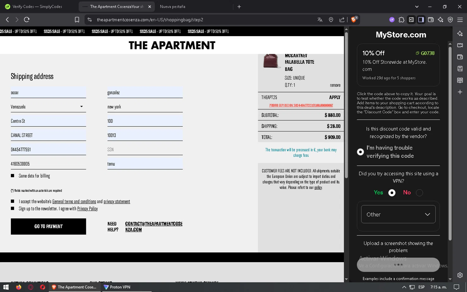 The Apartment Cosenza promo code screenshot showing code THEAPT25 applied at The Apartment Cosenza checkout page. Uploaded by SimplyCodes community member mixelis on May 21, 2025