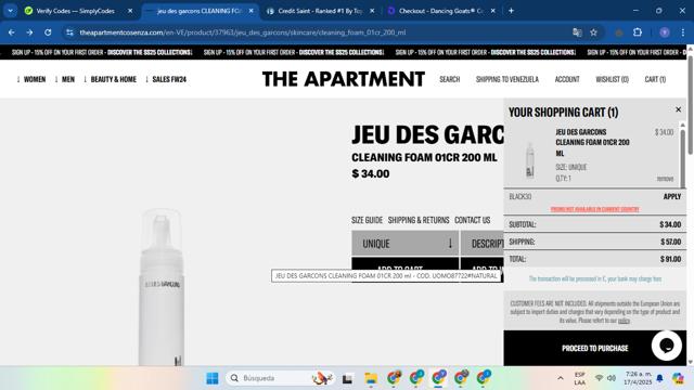The Apartment Cosenza checkout page showing The Apartment Cosenza promo code box | Screenshot taken by SimplyCodes community member on Apr 17, 2025
