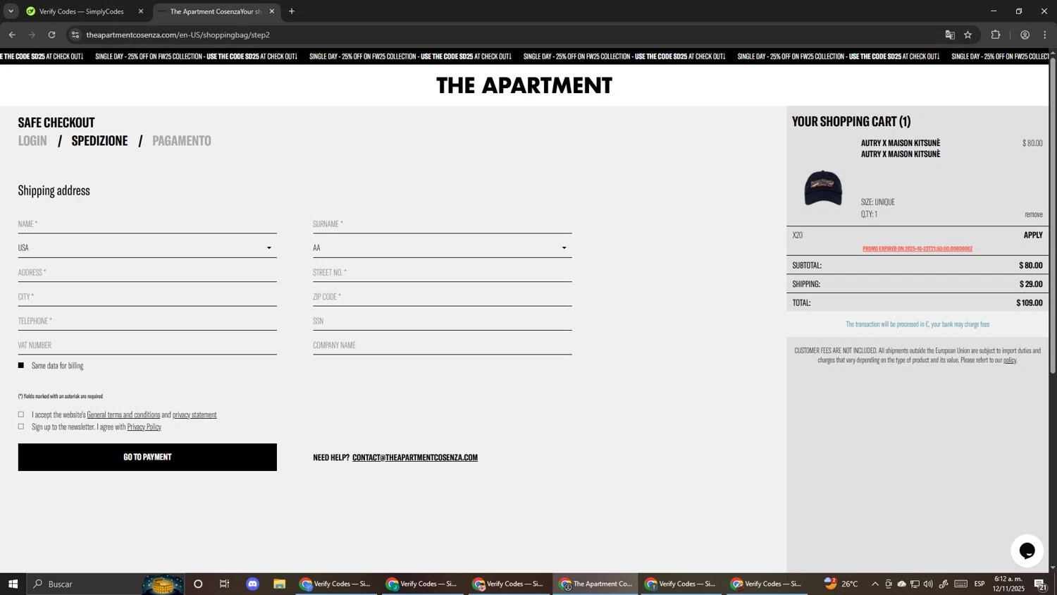 The Apartment Cosenza promo code screenshot showing code X20 applied at The Apartment Cosenza checkout page. Uploaded by SimplyCodes community member Pirlo420 on Nov 12, 2025