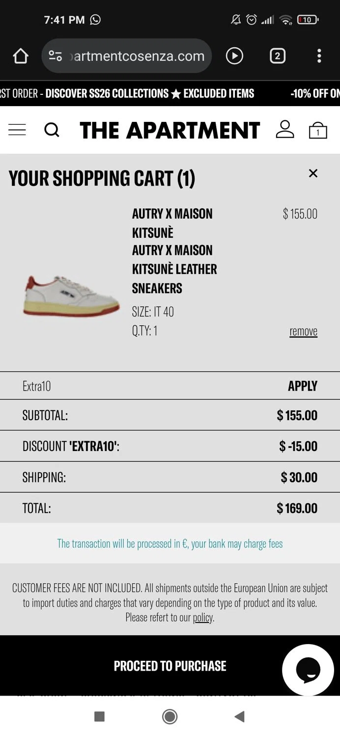 The Apartment Cosenza promo code screenshot showing code Extra10 applied at The Apartment Cosenza checkout page. Uploaded by SimplyCodes community member Mujerdejunnior on Feb 4, 2026