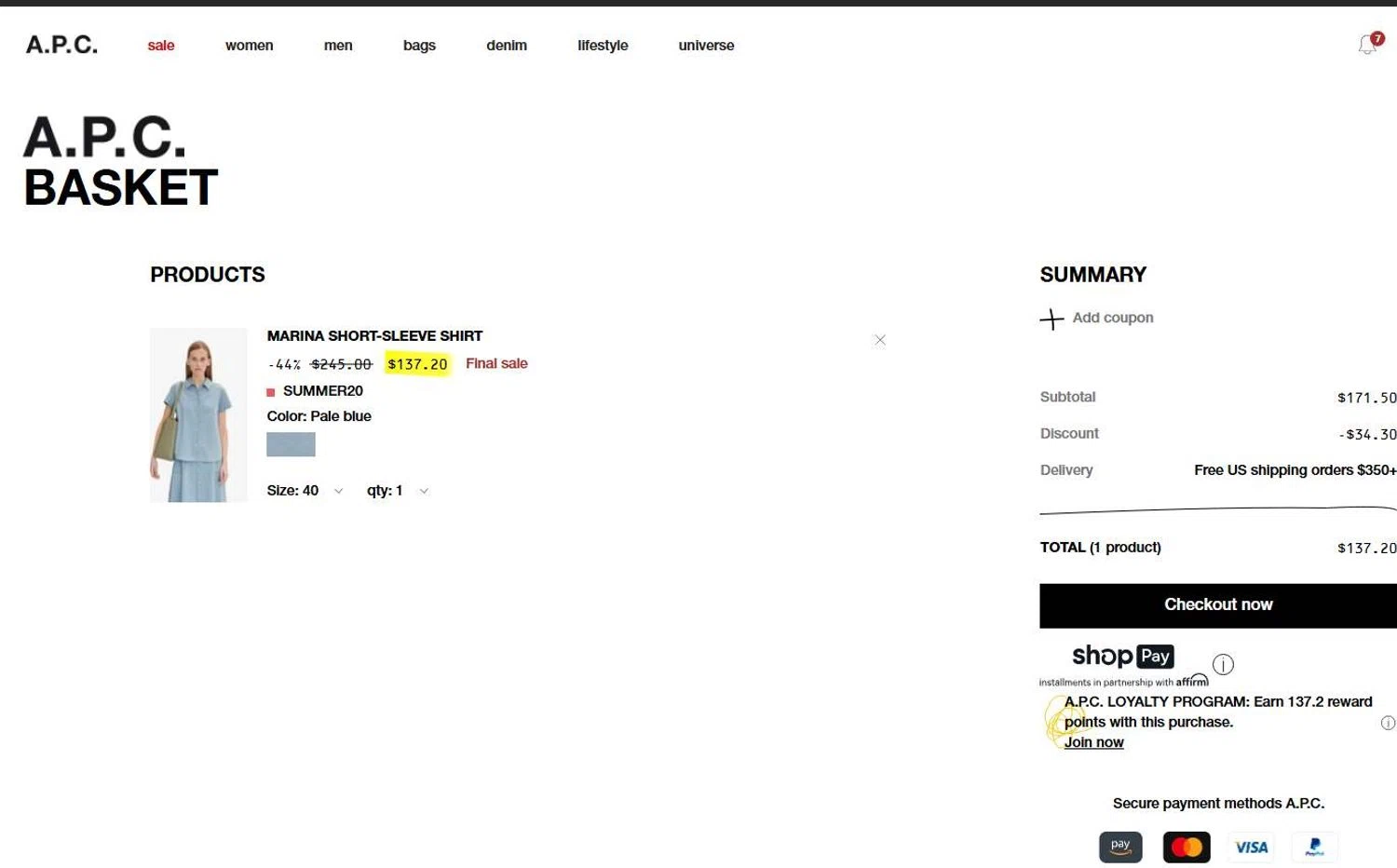 A.P.C. promo code screenshot showing code SUMMER20 applied at A.P.C. checkout page. Uploaded by SimplyCodes community member 6d796e616d656973 on Jun 26, 2025
