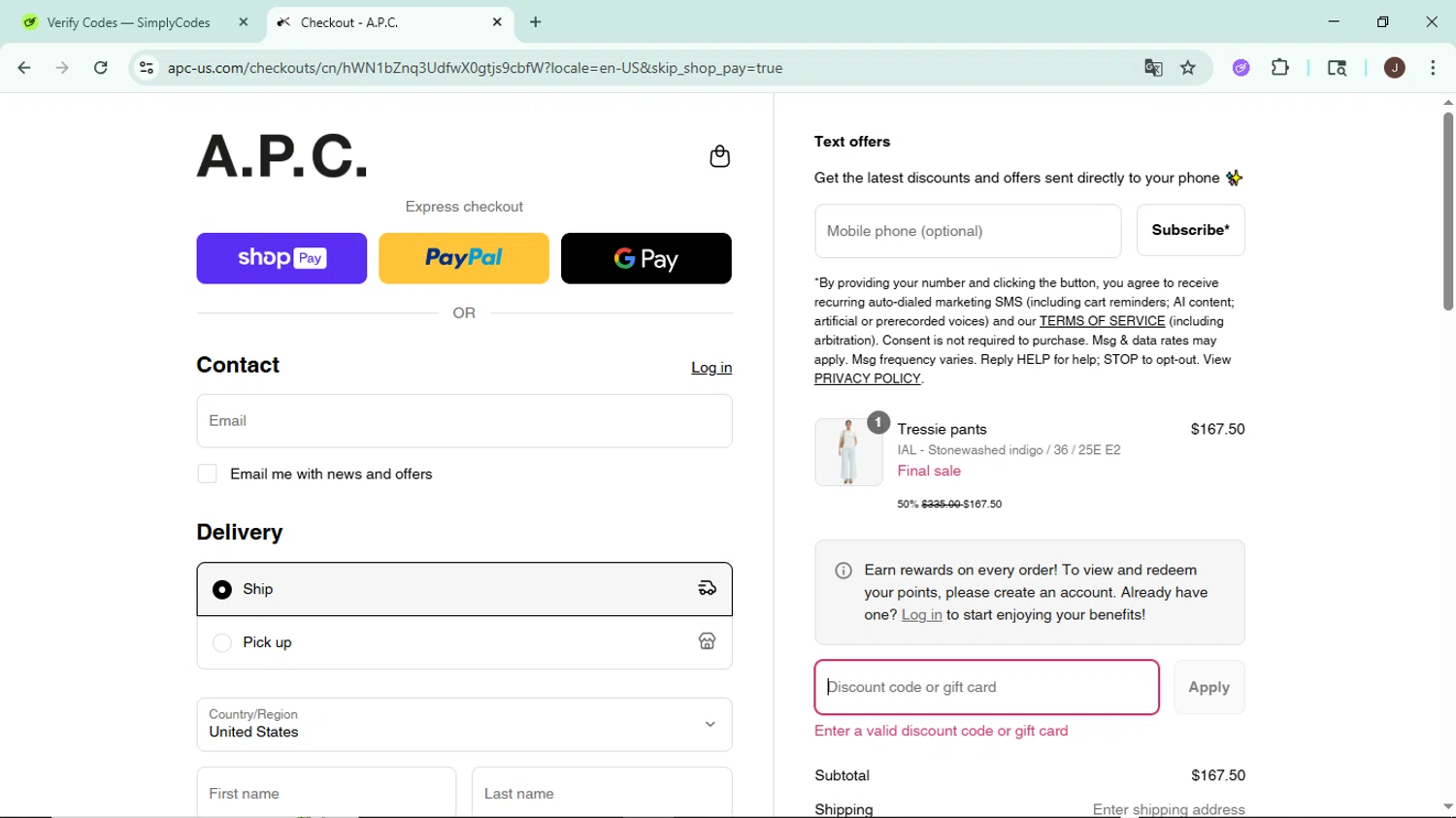 A.P.C. promo code screenshot showing code SUMMERSALE applied at A.P.C. checkout page. Uploaded by SimplyCodes community member LegendaryAce8627 on Aug 9, 2025