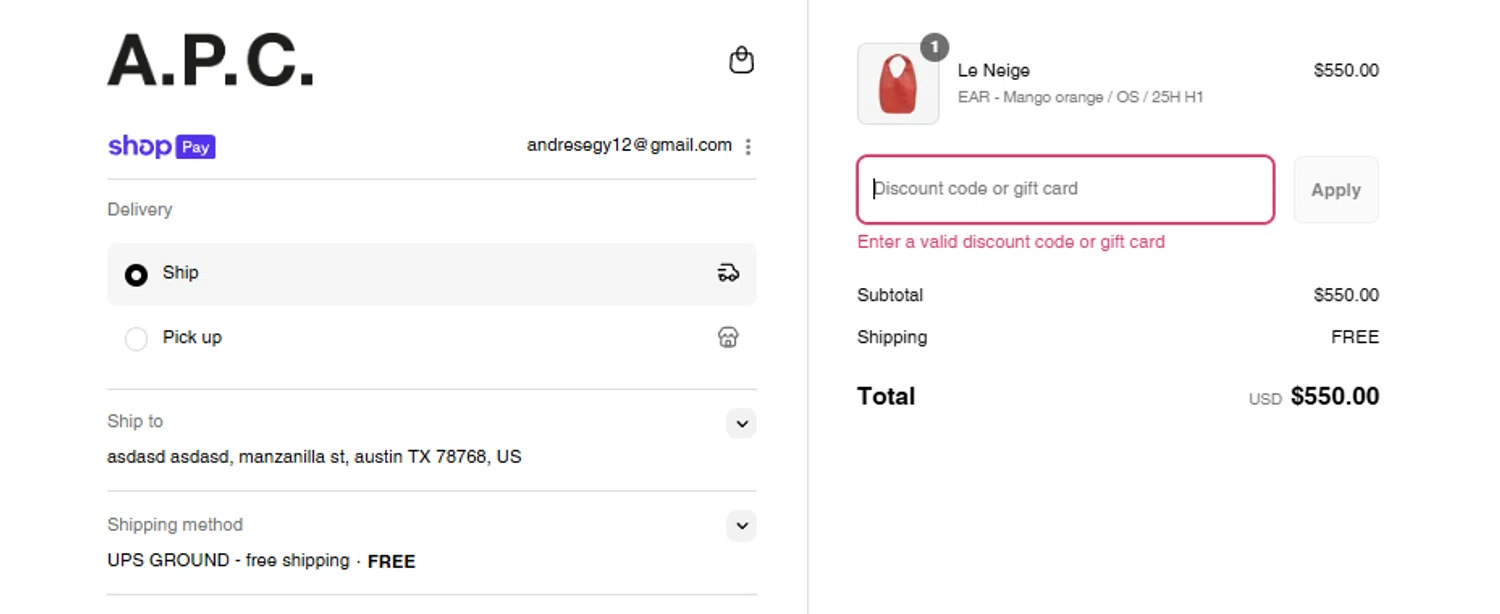 A.P.C. promo code screenshot showing code SUMMERSALE applied at A.P.C. checkout page. Uploaded by SimplyCodes community member Woskal on Jul 28, 2025