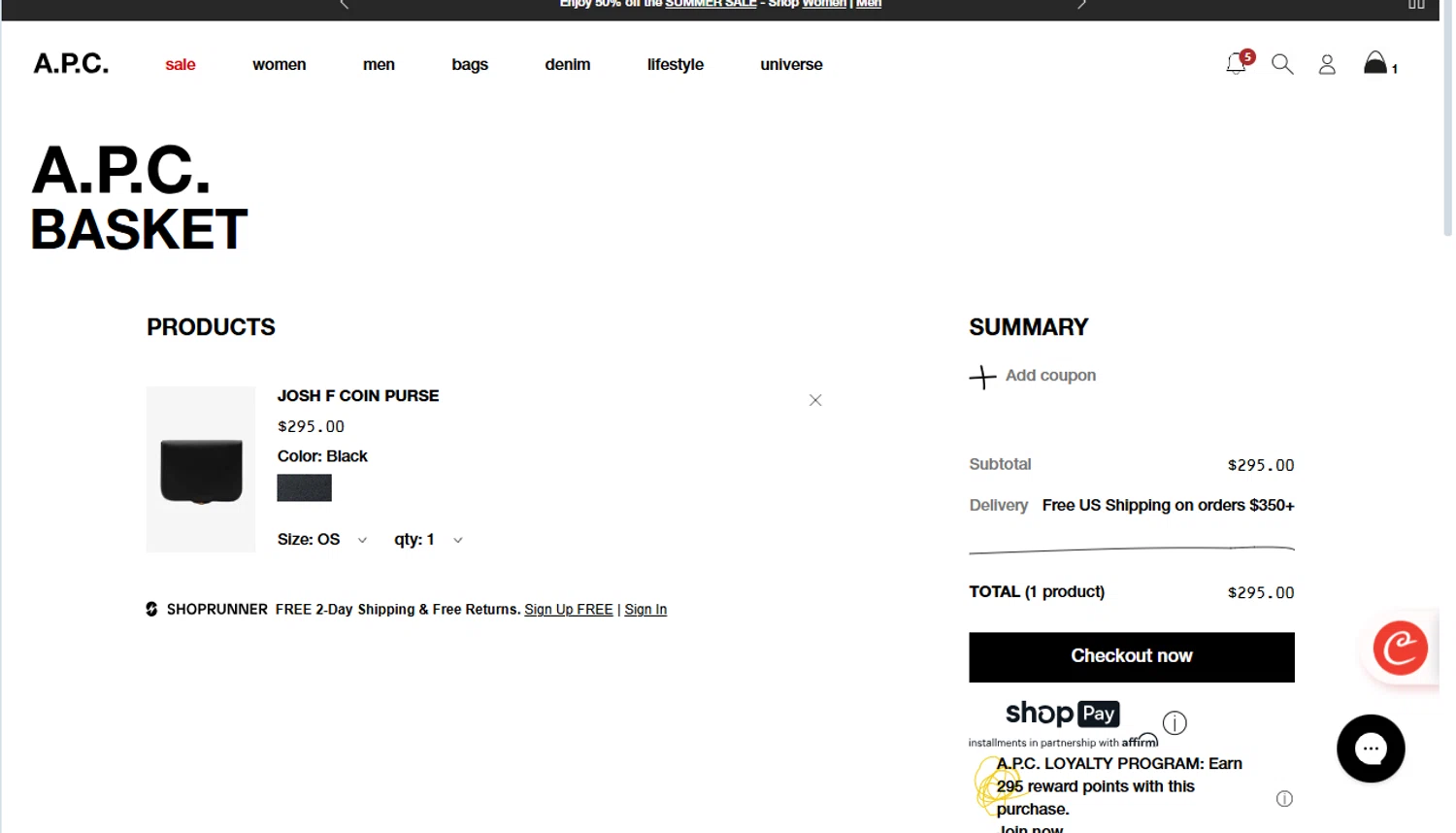 A.P.C. promo code screenshot showing code SUMMERSALE applied at A.P.C. checkout page. Uploaded by SimplyCodes community member shrek1 on Aug 9, 2025