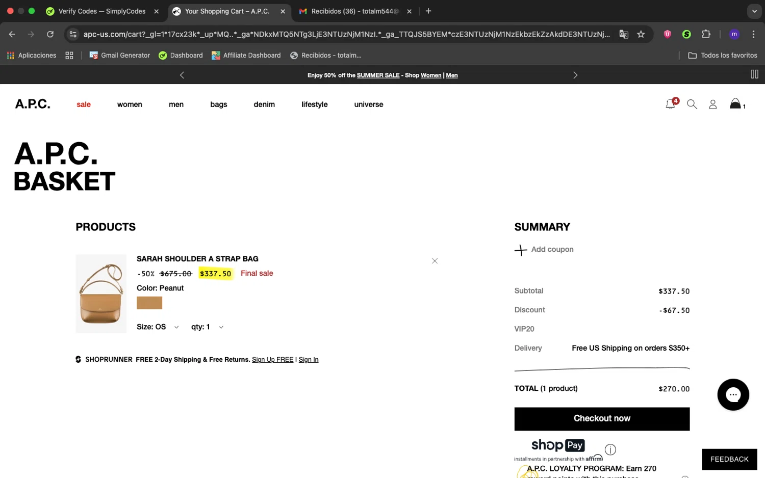 A.P.C. promo code screenshot showing code VIP20 applied at A.P.C. checkout page. Uploaded by SimplyCodes community member 1234ely on Aug 16, 2025