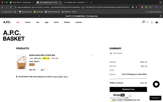 A.P.C. checkout page showing A.P.C. promo code box | Screenshot taken by SimplyCodes community member on Aug 16, 2025
