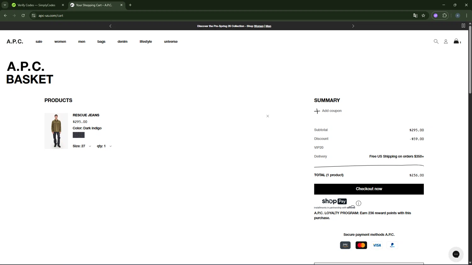 A.P.C. promo code screenshot showing code VIP20 applied at A.P.C. checkout page. Uploaded by SimplyCodes community member CouponAce2971 on Feb 21, 2026