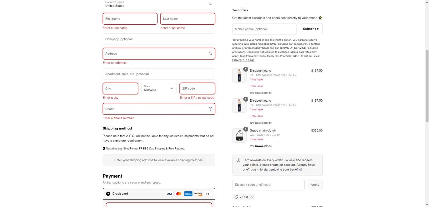 A.P.C. promo code screenshot showing code VIP20 applied at A.P.C. checkout page. Uploaded by SimplyCodes community member CrownTiger6508 on Jul 24, 2025