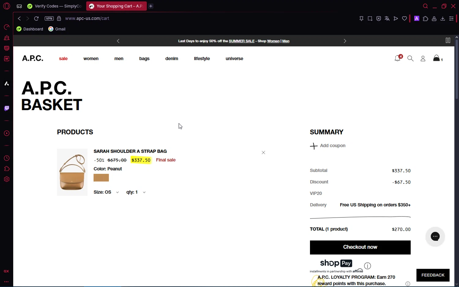 A.P.C. promo code screenshot showing code VIP20 applied at A.P.C. checkout page. Uploaded by SimplyCodes community member ShrewdPioneer2612 on Aug 24, 2025